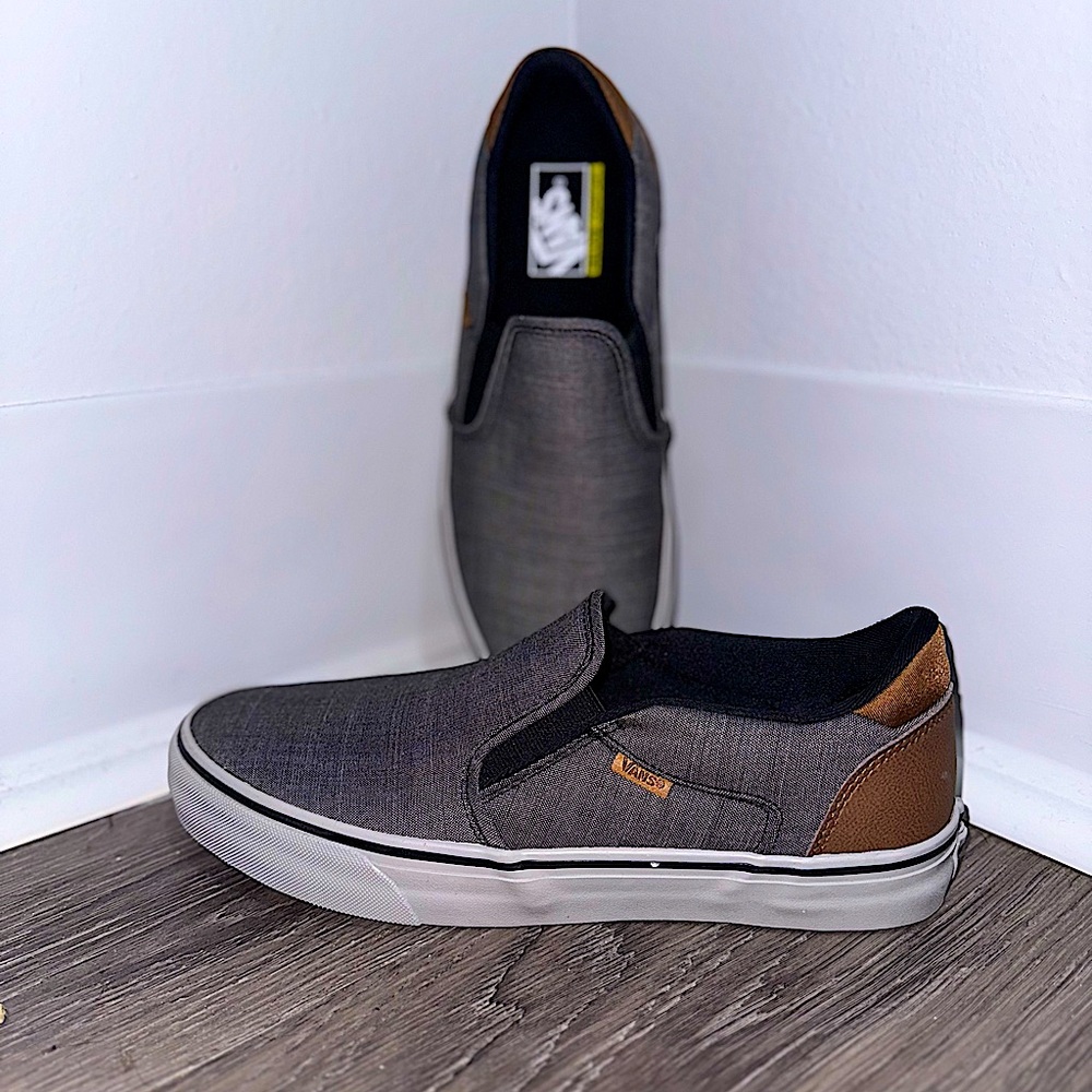 Vans Men's Grey and Brown Slip-On Shoes